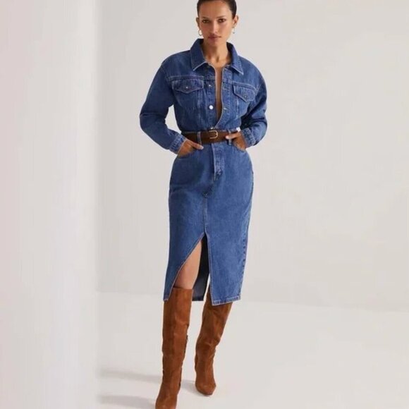 New! Favorite Daughter The City Denim Long Sleeve Midi Dress in Los Angeles - Picture 2 of 8